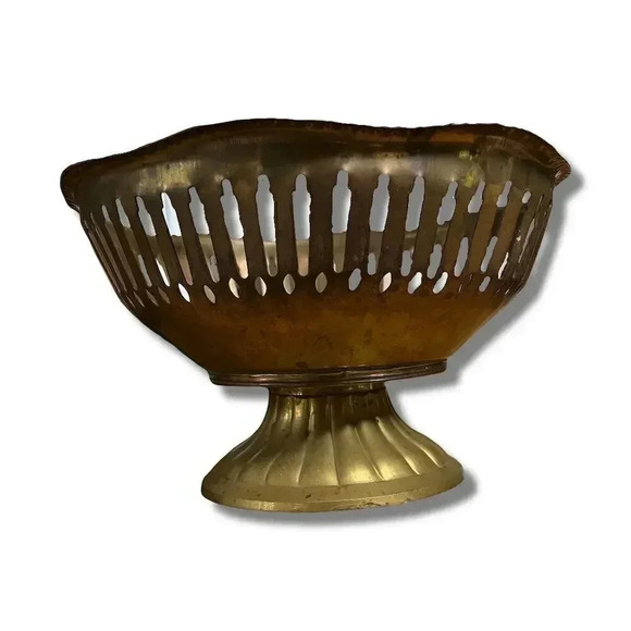 Brass Other - Vintage Brass Reticulated Pedestal Bowl Decorative Centerpiece